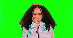 Wow, green screen and smile by woman due to surprise and happy for a deal isolated in a studio background. Promotion, winner and young person hands on her mouth amazed by promo, news and sale