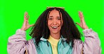 Surprise, mind blown and face of a woman on a green screen isolated on a studio background. Wow, happy and portrait of an excited girl with a gesture for brain explosion, shock and hearing news