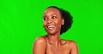 Natural beauty, green screen and smile of black woman with happiness and skincare facial in studio. Skin dermatology, African female model and face with cosmetics and makeup by chroma key background