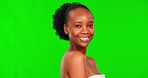 Beauty, green screen and face smile of a black woman with skincare and facial in studio. Skin dermatology, African female model and portrait with cosmetics and makeup by chroma key background