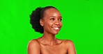 Beauty, green screen and happy face of a black woman with happiness and skincare facial in studio. Skin dermatology, African female model and smile with cosmetics and makeup by chroma key background