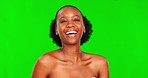 Beauty, green screen and face laugh of black woman with happiness and skincare facial in studio. Skin dermatology, African female model and portrait with cosmetics and makeup by chroma key background