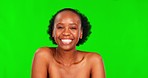 Face, green screen and black woman with skincare, natural beauty and dermatology against a studio background. Portrait, female person and model with wellness, cosmetics and body care with grooming