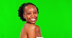 Face, green screen and black woman with skincare, dermatology and salon treatment against a studio background. Portrait, female person and model with cosmetics, grooming and self care with beauty