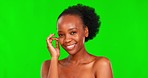 Natural beauty, green screen and face of a black woman with happiness and skincare in studio. Skin dermatology, African female model and portrait with cosmetics and makeup by chroma key background
