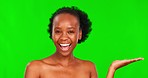 Green screen, beauty and face of black woman show for promotion, advertising and product in studio. Skincare mockup, chromakey and portrait of girl gesture for cosmetics, natural makeup and treatment