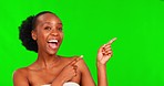 Face beauty, black woman and green screen pointing with a laugh to show spa treatment deal. Chromakey space, mockup and wellness aesthetic with a African female model show a cosmetic promotion