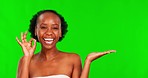 Green screen, beauty and black woman with ok sign for promotion, advertising and product in studio. Skincare mockup, chromakey and face portrait of girl show cosmetics, natural makeup and dermatology