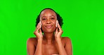 Beauty, black woman face and green screen with cotton pads for skincare and dermatology. Studio, African female model smile and portrait with chromakey background for cosmetics and facial cleaning