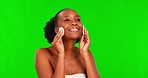 Beauty, black woman and green screen with cotton pad for skincare glow and dermatology. Studio, African female model smile and skin care with chromakey background for cosmetics and facial cleaning