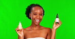 Skincare, product and recommend with a black woman on a green screen background for makeup advertising. Portrait, beauty and cosmetics with an attractive young female influencer streaming her review