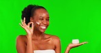 Green screen, skincare and black woman with ok sign for cream, lotion or moisturizer for facial treatment. Dermatology, natural beauty and portrait of happy female person point to product in studio