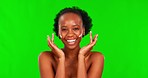 Beauty, black woman face and green screen with lotion and skincare from acne and cosmetics. Dermatology, laugh and young African female model with smile from facial cream, moisturizer and sunscreen 