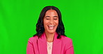 Portrait, wink and funny with a woman on a green screen background for fun, flirting or fashion. Comic, comedy and smile with a happy african female person winking while feeling playful or cheerful