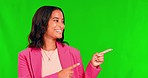 Business woman, studio green screen and hands pointing to mockup space for announcement. Promotion, female person and employee with a smile showing product placement discount and deal coming soon