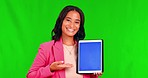 Business woman, face and tablet with green screen mockup and employee showing website deal. Digital marketing, chromakey space and female worker portrait with technology and social media offer on web