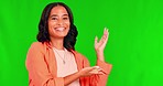 Woman, pointing up and green screen with happiness or portrait smile and show mockup for advertisement. Face, happy and young female on promotion deal or marketing or isolated and studio background