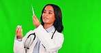 Healthcare, vaccine and a doctor woman on a green screen background to medicate using a syringe. Medical, injection needle and dose with a happy young female medicine professional on chromakey mockup