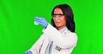 Science, woman and chemical process with green screen and chromakey space of scientist. Biology safety, liquid testing and laboratory work of a female person with chemistry development and solution