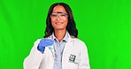 Face, green screen and woman with chemical, aroma and researcher against studio background. Portrait, female person or employee with inspection test, quality check and smelling liquid with experiment