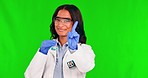 Face, green screen or woman with a chemical, smell or science on a studio background. Portrait, female person or model with aroma, scent or experiment with reaction, quality check or bad finger shake