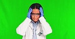 Green screen, science and woman with a headache, stress and fatigue against studio background. Female person, scientist or researcher with a migraine, tired or exhausted with medical or health issue