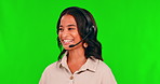 Call center, customer service and a woman with a headset on a green screen with a smile. Face of african person as a agent or consultant talking for crm, sales support and telemarketing or advice