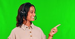 Call center, hand and a woman on a green screen for customer service and advertising choice. Face of happy african person, agent or consultant for crm, sales support and telemarketing or advice space