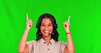 Call centre woman, green screen and face with pointing up to mockup space for announcement. Studio, female person nod and employee portrait with a smile showing product placement and deal coming soon