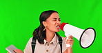 Education, rally and megaphone with a woman on a green screen background at a student march. University, books and protest with a female college pupil speaking for motivation on a school campus