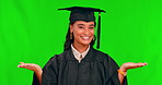 Graduation, student and woman with hands on green screen for mockup space, choice or advertising. Face of african person with palm for education, graduate future and university or college achievement