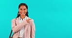 Business woman face, green screen and pointing to product placement and deal with mockup space. Female worker, announcement and promo offer with person showing sales advertisement and blue background