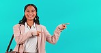 Business woman face, green screen and hands pointing to product placement and deal with mockup space. Female worker, announcement and promo with person showing sales advertisement and blue background