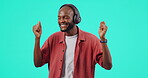 Headphones, happy and black man dancing studio or listening to music, dj or radio podcast. Listen, dance and person streaming playlist, song or relax to sound or happiness on blue background