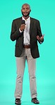 Face, black man and reporter with a microphone, interview for a story and employee against a blue studio background. Portrait, male person and Nigerian journalist with a mic, communication and media