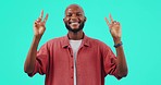 Portrait of black man, smile and peace sign on studio backdrop with happiness, positive mindset and emoji. Kindness, care and V hands, African male model with happy hand gesture on blue background.