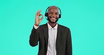 Happy, call center and man consultant in studio with a perfect hand sign for communication. Customer support, portrait and African male telemarketing agent with ok gesture isolated by blue background