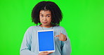 Woman, tablet and bad review for mockup on green screen, pointing finger and shaking head. Portrait of African person with hand and negative feedback for website, poor service and app review or ux
