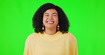Woman, laughing portrait and face on a green screen with happiness and funny humor. Happy african female person laugh for comic joke, positive mindset and meme or motivation on a studio background