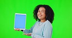 Happy woman, tablet and show mockup on green screen with a smile and hand for advertising. African female person with technology for website promotion, marketing space and app review or ux in studio