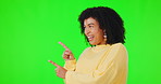 Woman, pointing finger and green screen for advertising space, yes announcement or promotion. African female person, shake head on studio background with hands for mockup, information or notification