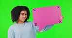 Shaking head, woman and speech bubble on green screen in studio isolated on background. Face portrait, social media poster and African person shrug for wrong opinion, mockup space or tracking markers