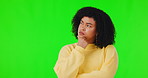 Woman, thinking and face on studio green screen with question, idea or focus on decision strategy. Girl, problem solving and thoughtful person, planning mindset and choice on background for mock up
