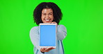 Tablet, woman and mockup website on green screen with smile for support, promotion and ads. Portrait of happy African person with technology in hands for connection, advertising and app review or ux