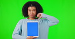Woman, thumbs down and tablet mockup on green screen with bad review or poor service. Portrait of a sad African female person with a hand or emoji for website, advertising and app or ux feedback