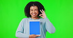 Happy woman, tablet and ok sign for mockup on green screen with a smile and hand for support or approval. Portrait of African person with okay emoji for website, advertising and app review or ux