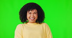 Woman, face and laughing portrait on a green screen with happiness and motivation. Happy and young african female person laugh on a studio background with funny review, comic and positive mindset