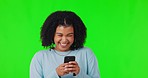 Green screen, smile and woman with a smartphone, funny or typing with humor or mobile app against a studio background. Female person, girl or model with a phone, connect or laughing with social media