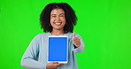 Woman, tablet and thumbs up for mockup on green screen with a smile and hand for support or approval. African female person with a smile and emoji for website, advertising and app review or ux