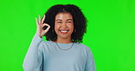 Portrait, hand with woman sign ok on green screen, studio background and agreement, support and smile for yes. Happy girl, wink emoji and model hands, face and agree, thank you or show opinion